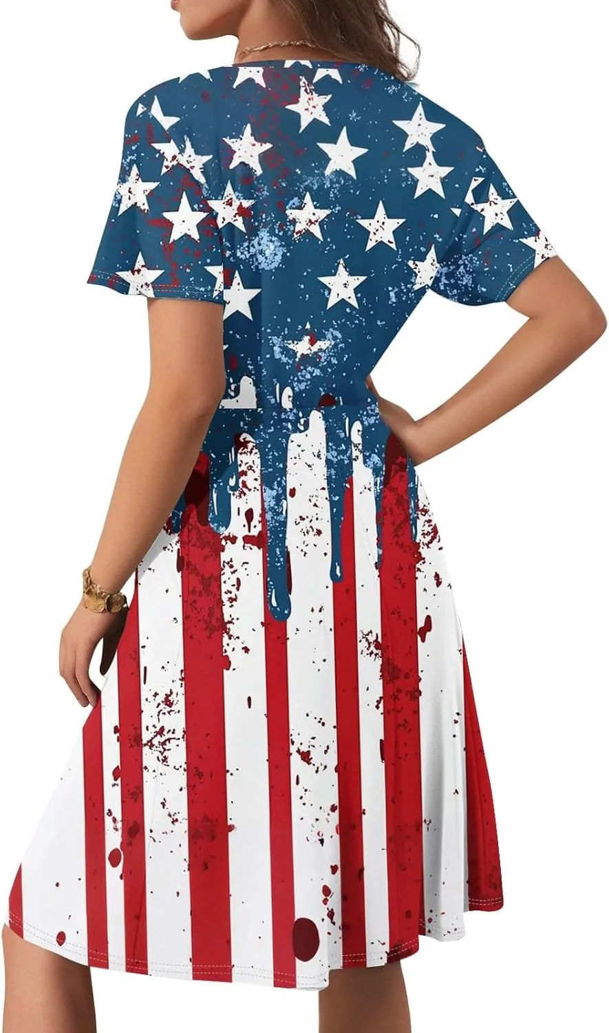 American Flag Dress Women 4th of July Patriotic USA Stars Stripes Midi Dresses Sexy Deep V- Neck Short Sleeve Summer Sundress