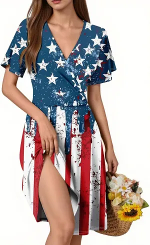 American Flag Dress Women 4th of July Patriotic USA Stars Stripes Midi Dresses Sexy Deep V- Neck Short Sleeve Summer Sundress