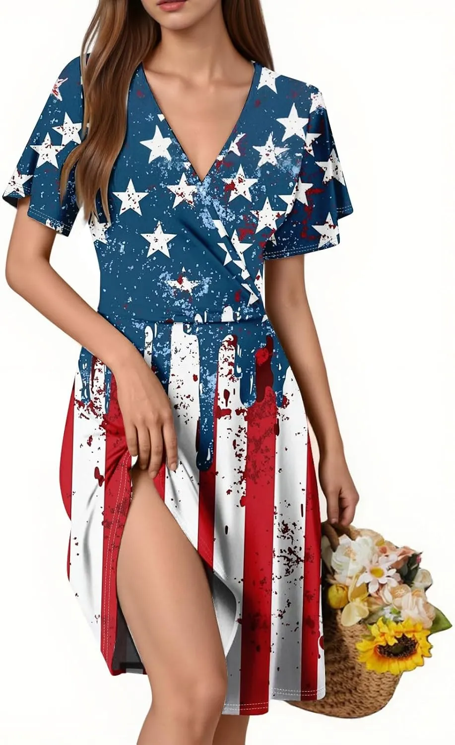 American Flag Dress Women 4th of July Patriotic USA Stars Stripes Midi Dresses Sexy Deep V- Neck Short Sleeve Summer Sundress
