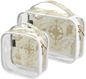 Ancient-nautical-chart 2 Pack Clear Toiletry Bag Women Men, Portable Waterproof Clear Pouch, Cosmetic Bag with Double Zippers Large Opening Traveling with Handle for Bathroom Traveling Vacation Organi