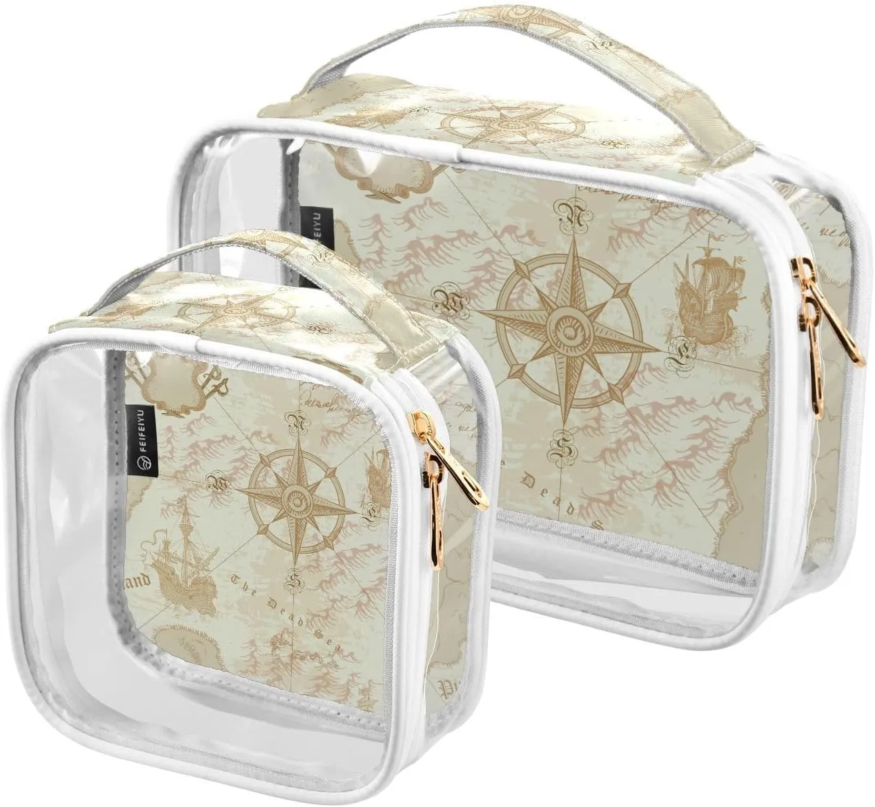 Ancient-nautical-chart 2 Pack Clear Toiletry Bag Women Men, Portable Waterproof Clear Pouch, Cosmetic Bag with Double Zippers Large Opening Traveling with Handle for Bathroom Traveling Vacation Organi