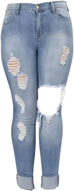 Andongnywell Plus Size Ripped Stretch Jeans Women Slim Skinny Denim Jean High Waist Hole Trousers Pants