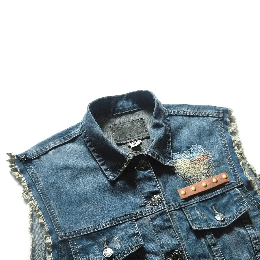 Angel Wings Printed Men's Slim Denim Vest / Single Breasted Sleeveless Jacket for Men