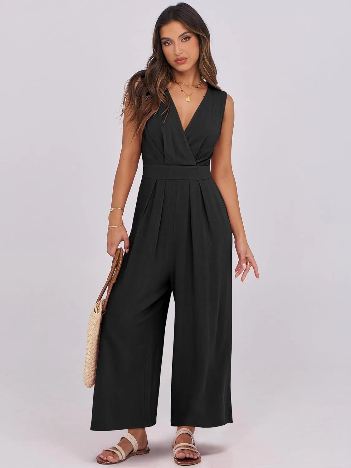 ANRABESS Women Jumpsuits Sleeveless V Neck Elegant Dressy Casual Backless One Piece Pants Romper 2025 Summer Outfits