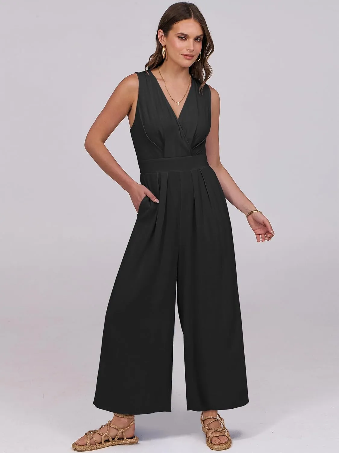 ANRABESS Women Jumpsuits Sleeveless V Neck Elegant Dressy Casual Backless One Piece Pants Romper 2025 Summer Outfits