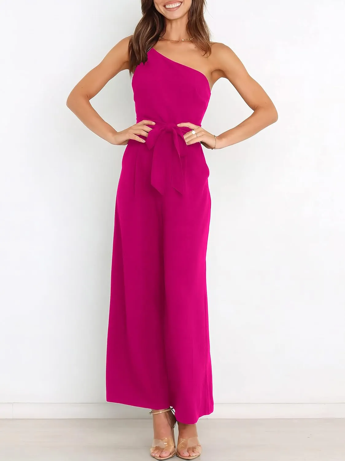 ANRABESS Women Summer Dressy Jumpsuits One Shoulder Sleeveless Casual Wide Leg Pants Romper Jumper 2025 Trendy Outfits