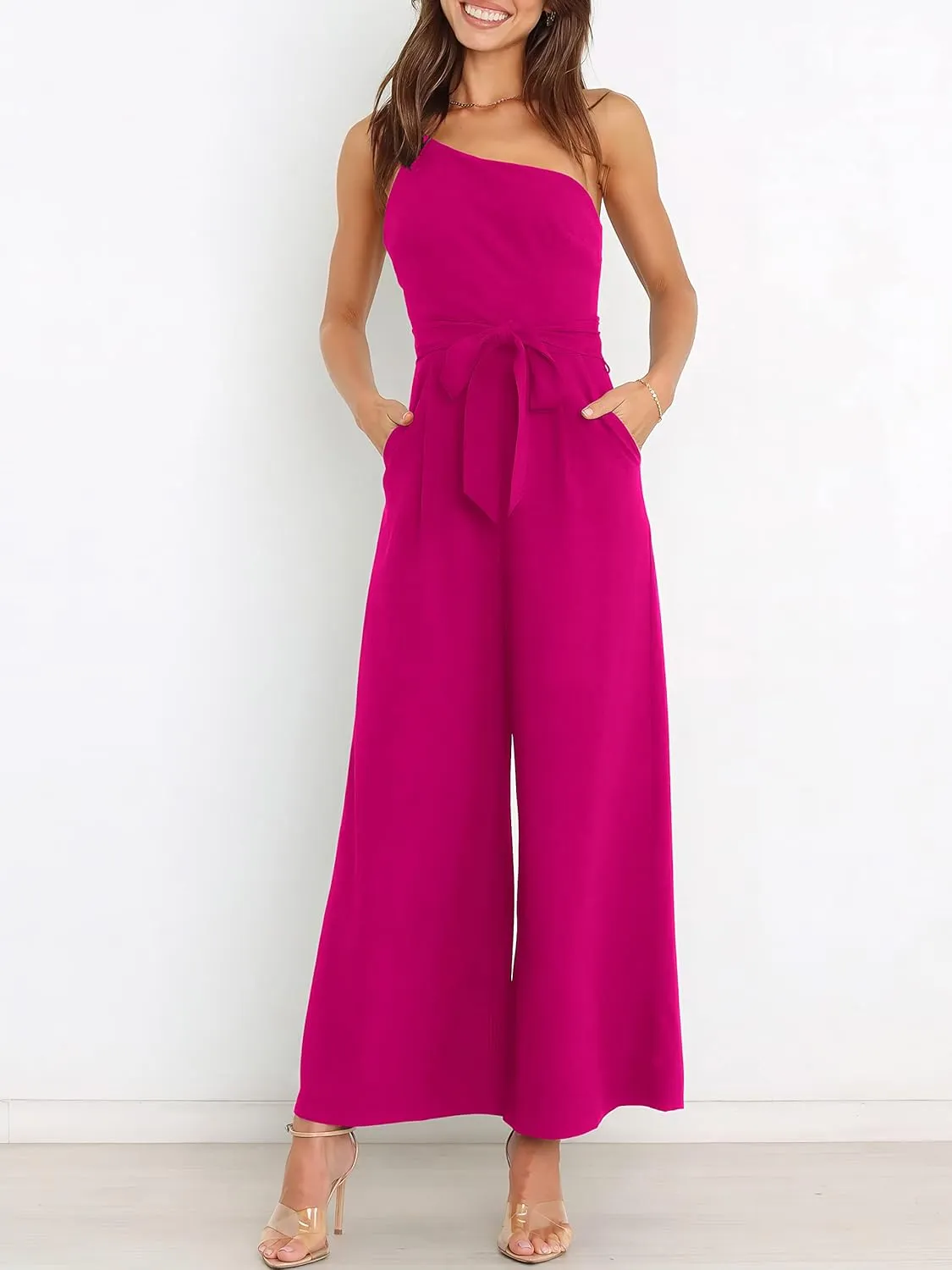 ANRABESS Women Summer Dressy Jumpsuits One Shoulder Sleeveless Casual Wide Leg Pants Romper Jumper 2025 Trendy Outfits