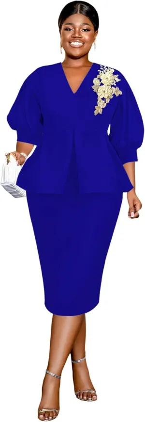 AOMEI Business Suit Sets for Women's 2 Piece Outfits V Neck Peplum Tops Floral Applique Formal Pencil Midi Skirt Suit