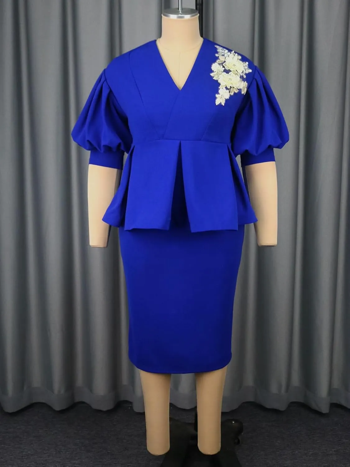 AOMEI Business Suit Sets for Women's 2 Piece Outfits V Neck Peplum Tops Floral Applique Formal Pencil Midi Skirt Suit