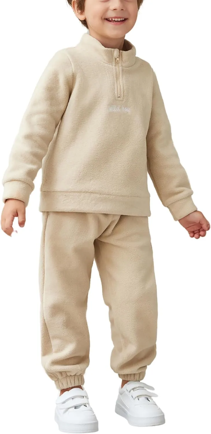 Arshiner Toddler Boy Letter Embroidery Half Zip Sweatshirt & Pants Set Fleece Winter Outfits 2-3T Khaki