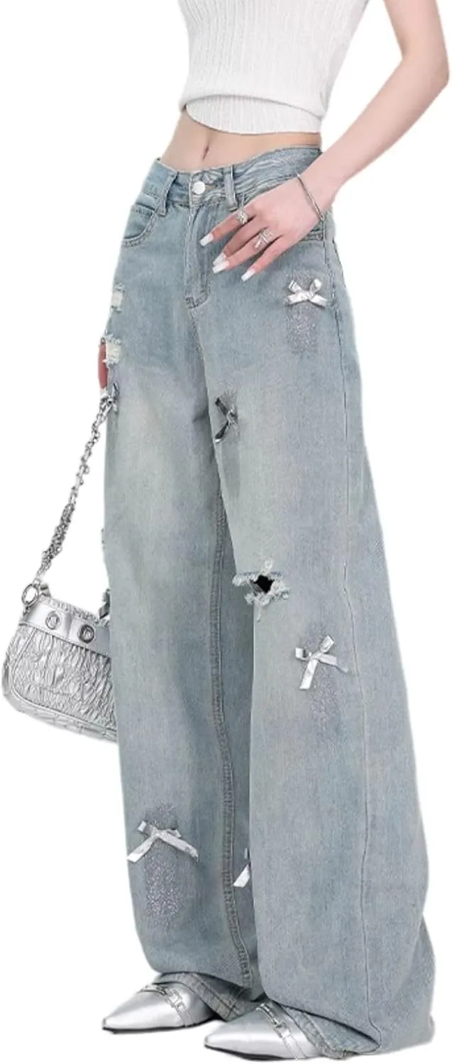 Baggy Jeans for Woman Teen Girls Bow Jeans High Waisted Straight Leg Cute Pants Casual Preppy Clothes