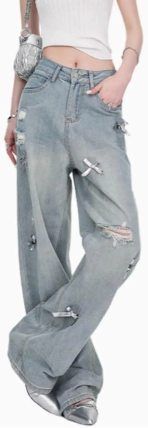 Baggy Jeans for Woman Teen Girls Bow Jeans High Waisted Straight Leg Cute Pants Casual Preppy Clothes
