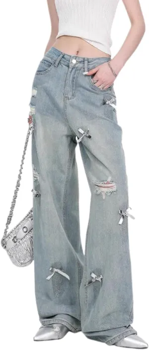 Baggy Jeans for Woman Teen Girls Bow Jeans High Waisted Straight Leg Cute Pants Casual Preppy Clothes