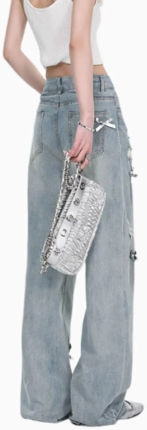 Baggy Jeans for Woman Teen Girls Bow Jeans High Waisted Straight Leg Cute Pants Casual Preppy Clothes
