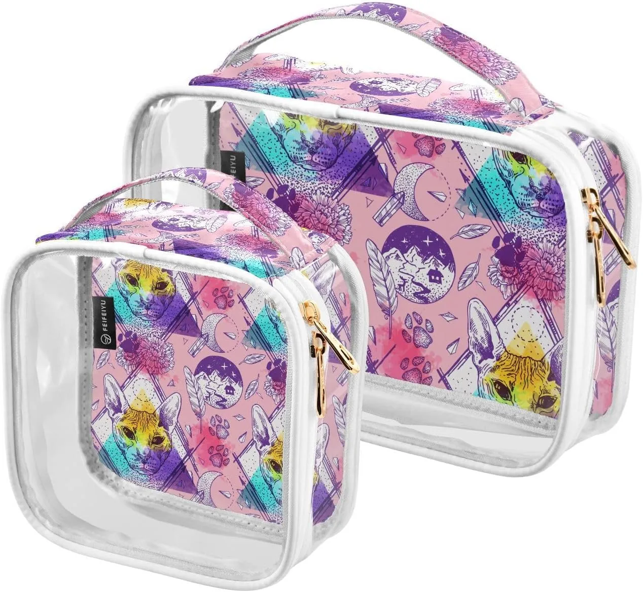 Bald-cats Pattern 2 Pack Clear Toiletry Bag Women Men, Portable Waterproof Clear Pouch, Cosmetic Bag with Double Zippers Large Opening Traveling with Handle for Bathroom Traveling Vacation Organizing