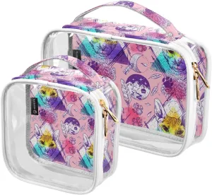 Bald-cats Pattern 2 Pack Clear Toiletry Bag Women Men, Portable Waterproof Clear Pouch, Cosmetic Bag with Double Zippers Large Opening Traveling with Handle for Bathroom Traveling Vacation Organizing