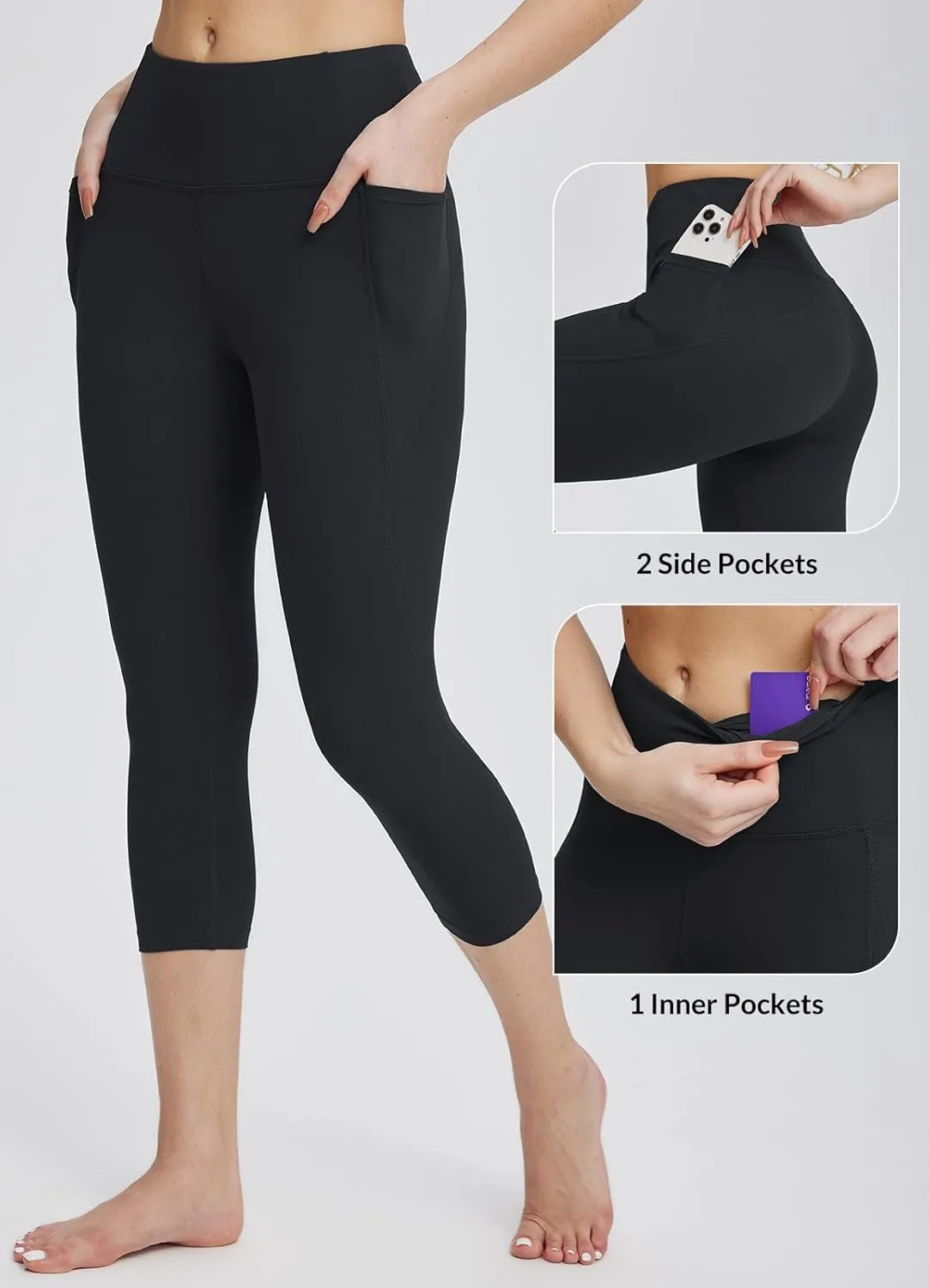 baleaf Women's Capri Leggings with Pockets High Waisted Workout Yoga Running Gym Pants for Casual Summer