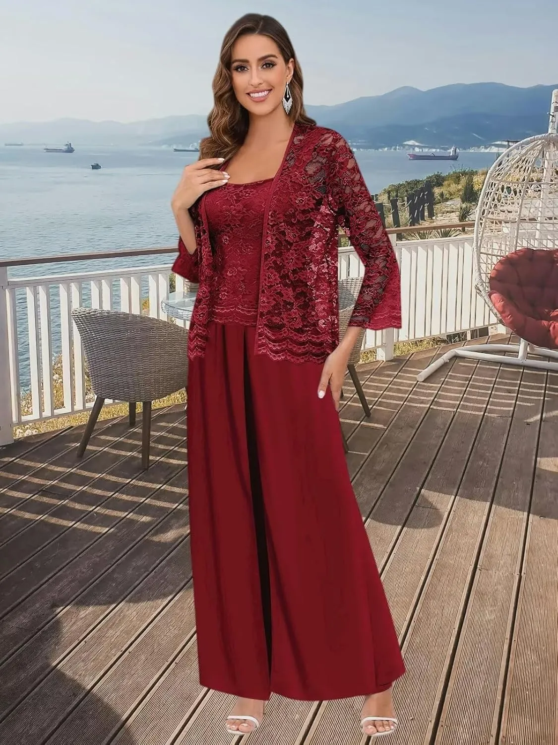 BANTRATIC 3 Piece Mother of The Bride Pantsuits with Jacket for Wedding Long Sleeve Evening Formal Prom Cocktail Pant Outfits