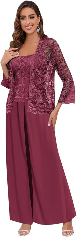 BANTRATIC 3 Piece Mother of The Bride Pantsuits with Jacket for Wedding Long Sleeve Evening Formal Prom Cocktail Pant Outfits