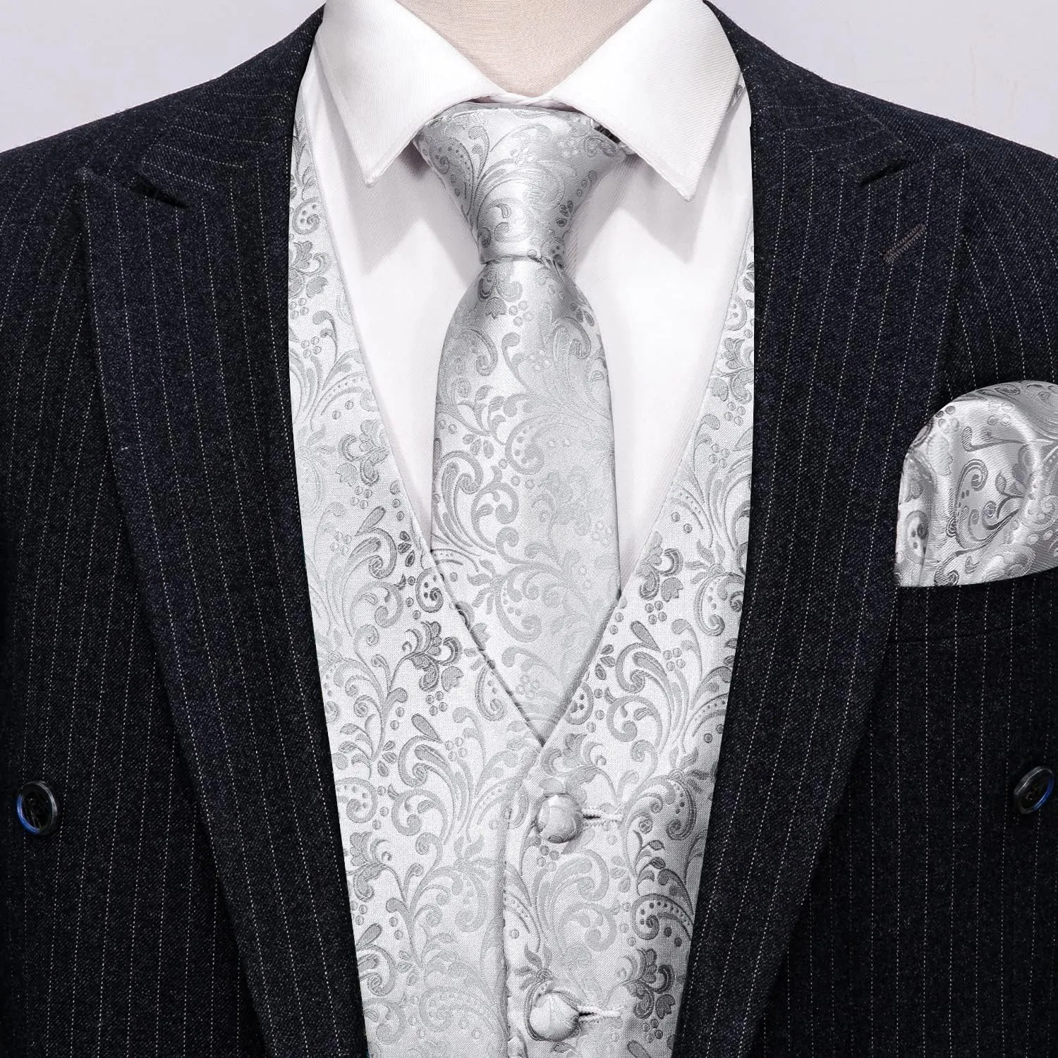 Barry.Wang Mens Suit Vest Paisley/Flower Silk Jacquard Waistcoat Ties Set Formal/Leisure 5PCS