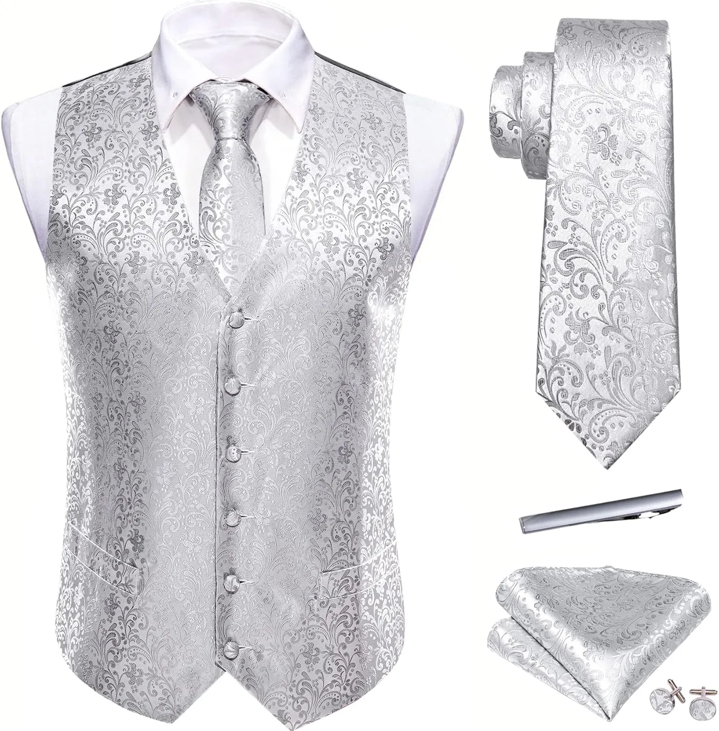 Barry.Wang Mens Suit Vest Paisley/Flower Silk Jacquard Waistcoat Ties Set Formal/Leisure 5PCS