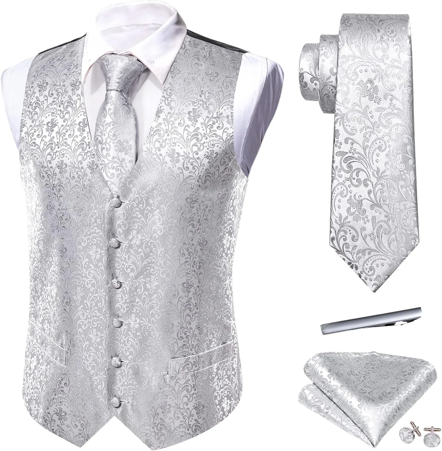 Barry.Wang Mens Suit Vest Paisley/Flower Silk Jacquard Waistcoat Ties Set Formal/Leisure 5PCS
