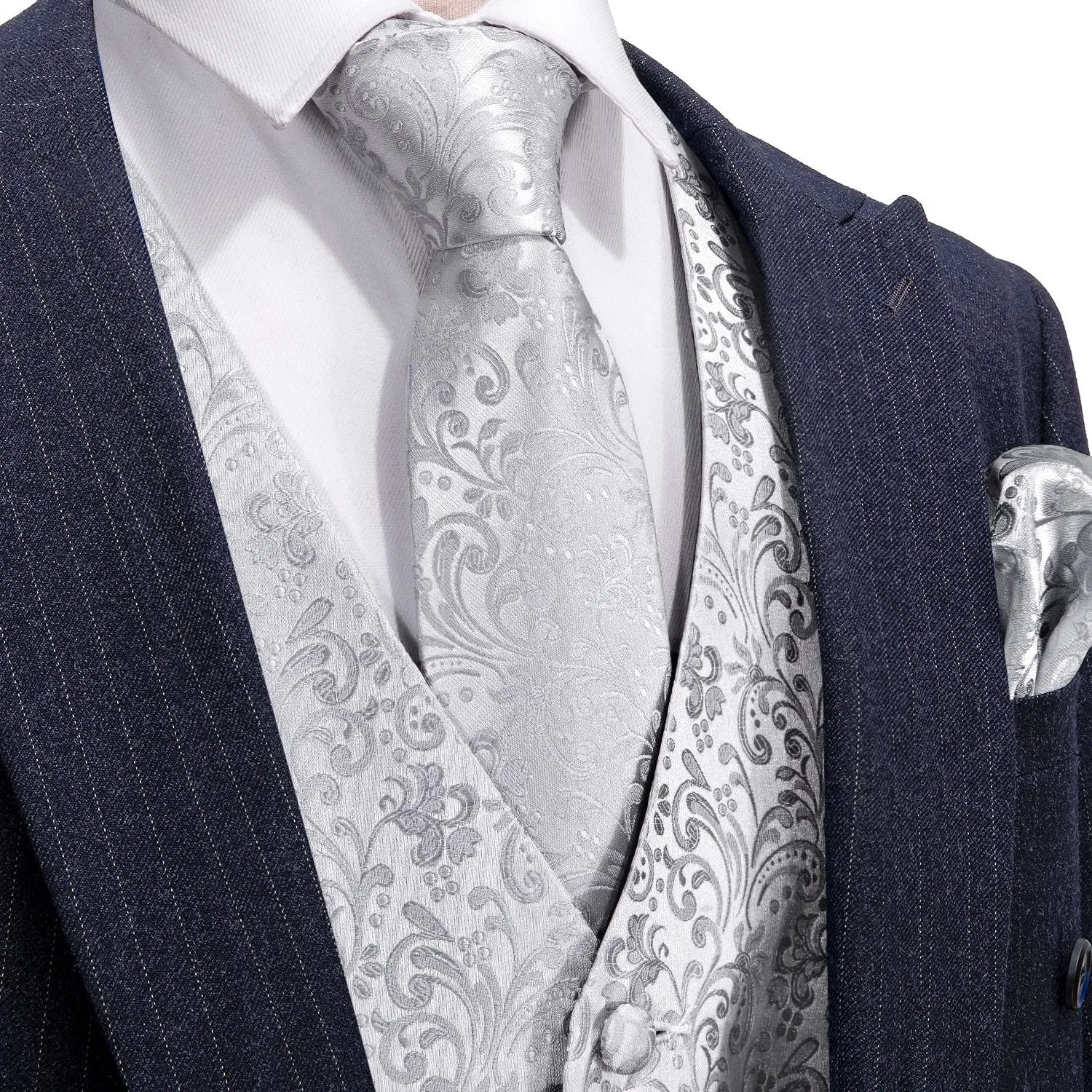 Barry.Wang Mens Suit Vest Paisley/Flower Silk Jacquard Waistcoat Ties Set Formal/Leisure 5PCS