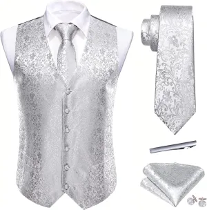 Barry.Wang Mens Suit Vest Paisley/Flower Silk Jacquard Waistcoat Ties Set Formal/Leisure 5PCS