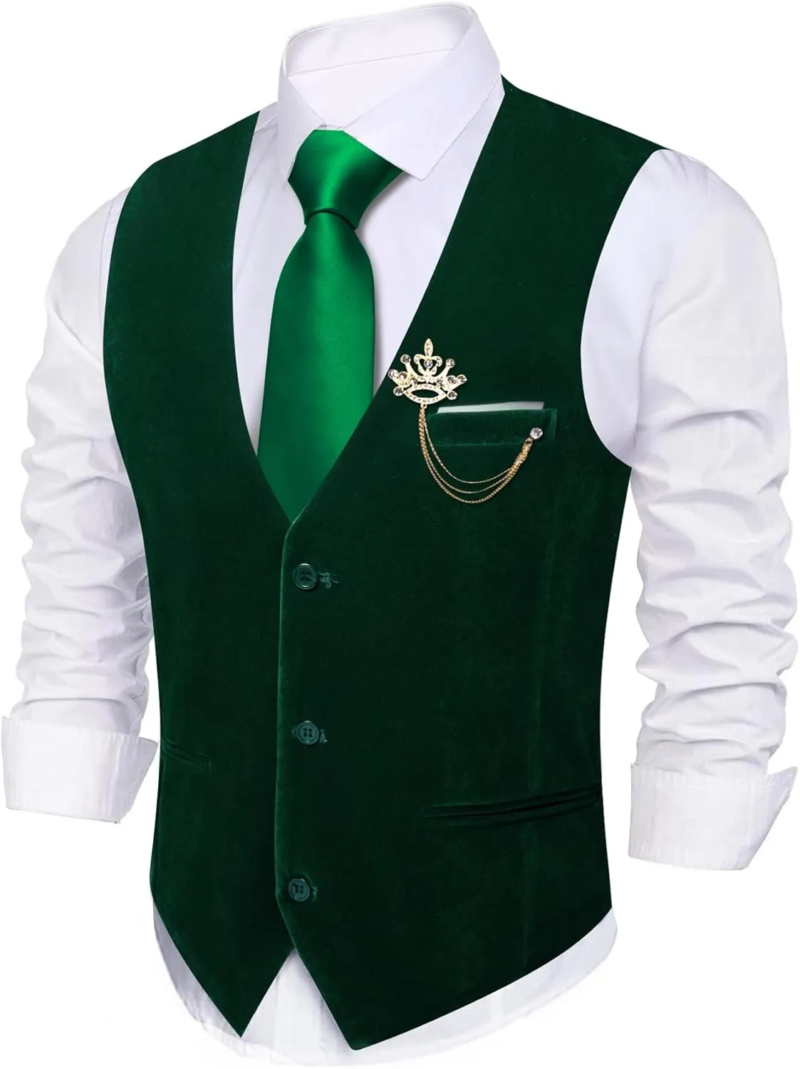 Barry.Wang Mens Velvet Vest V-neck 2 Pockets Gold Brooch Suit Waistcoat Set for Prom Wedding Party Dinner