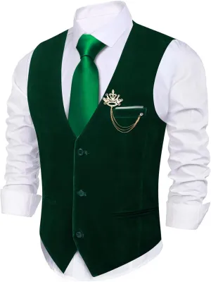 Barry.Wang Mens Velvet Vest V-neck 2 Pockets Gold Brooch Suit Waistcoat Set for Prom Wedding Party Dinner