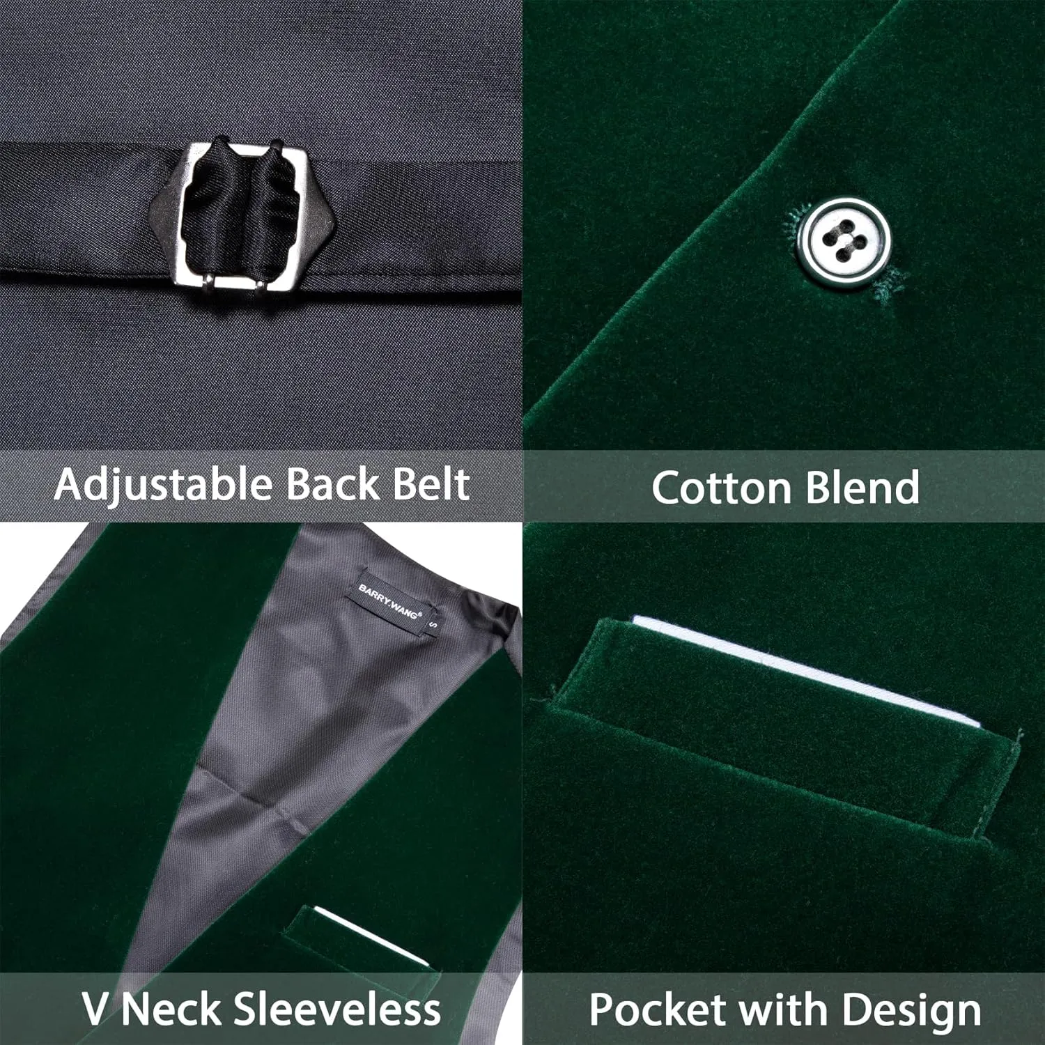 Barry.Wang Mens Velvet Vest V-neck 2 Pockets Gold Brooch Suit Waistcoat Set for Prom Wedding Party Dinner