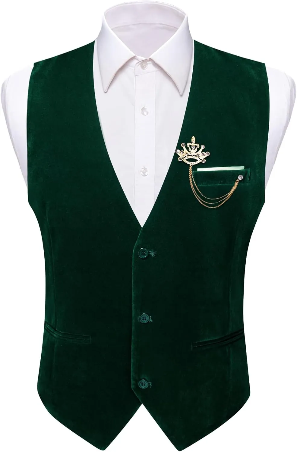 Barry.Wang Mens Velvet Vest V-neck 2 Pockets Gold Brooch Suit Waistcoat Set for Prom Wedding Party Dinner