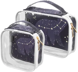 Bears-ursa-minor-constellation 2 Pack Clear Toiletry Bag Women Men, Portable Waterproof Clear Pouch, Cosmetic Bag with Double Zippers Large Opening Traveling with Handle for Bathroom Traveling Vacatio