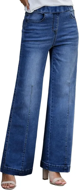 BestGirl Women's Baggy Jeans Pull On Stretchy Loose High Waisted Wide Leg Denim Pants Y2K 90s