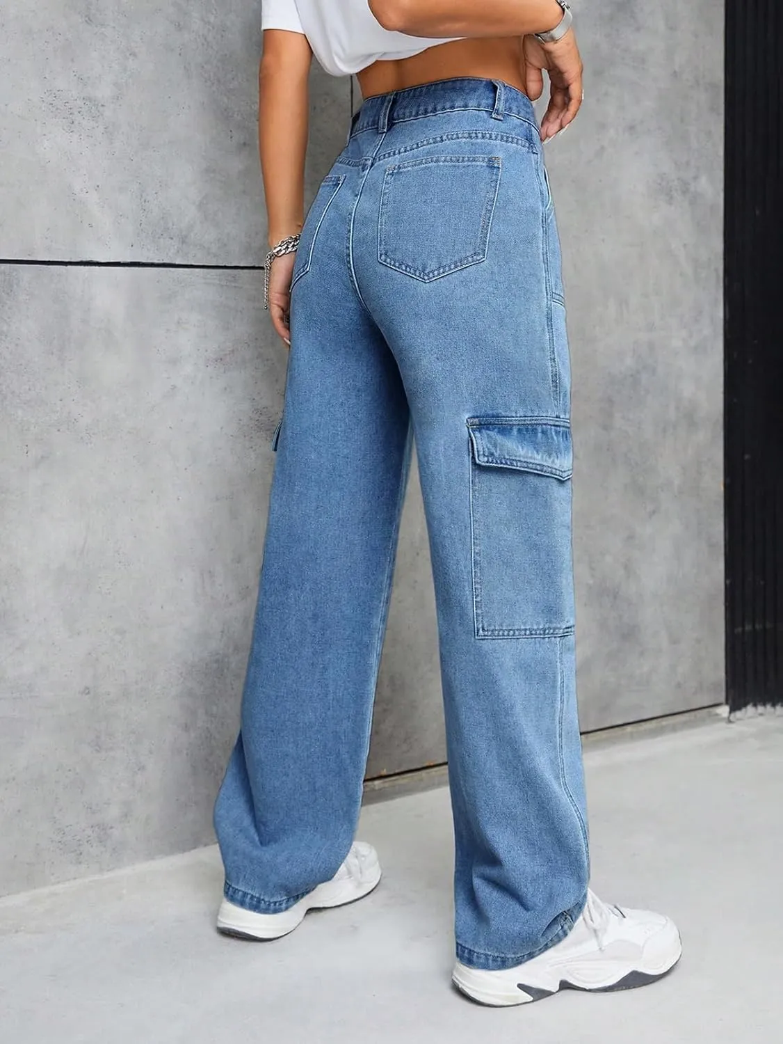 BestGirl Women's Baggy Jeans Pull On Stretchy Loose High Waisted Wide Leg Denim Pants Y2K 90s