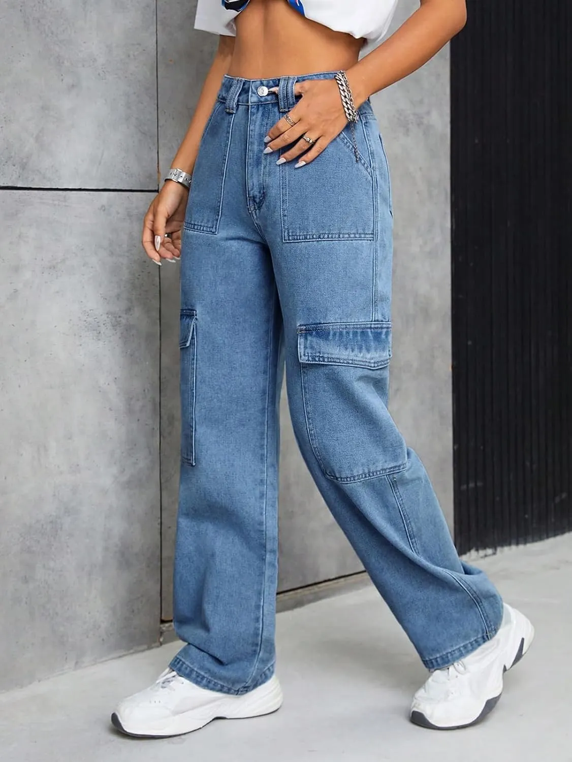 BestGirl Women's Baggy Jeans Pull On Stretchy Loose High Waisted Wide Leg Denim Pants Y2K 90s