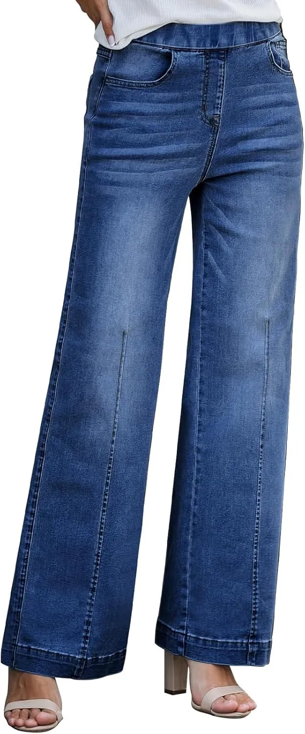 BestGirl Women's Baggy Jeans Pull On Stretchy Loose High Waisted Wide Leg Denim Pants Y2K 90s