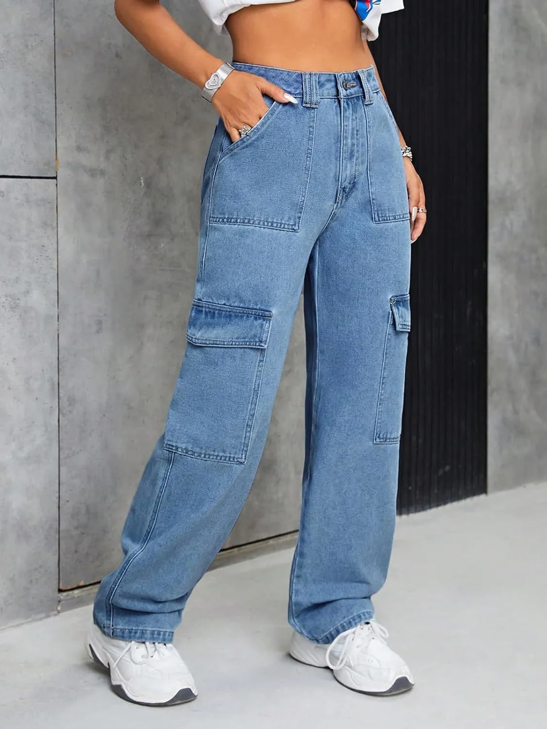 BestGirl Women's Baggy Jeans Pull On Stretchy Loose High Waisted Wide Leg Denim Pants Y2K 90s