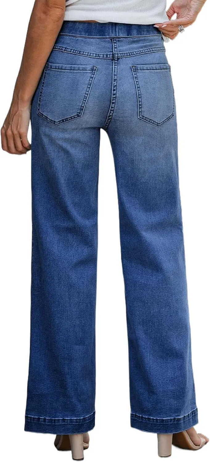 BestGirl Women's Baggy Jeans Pull On Stretchy Loose High Waisted Wide Leg Denim Pants Y2K 90s