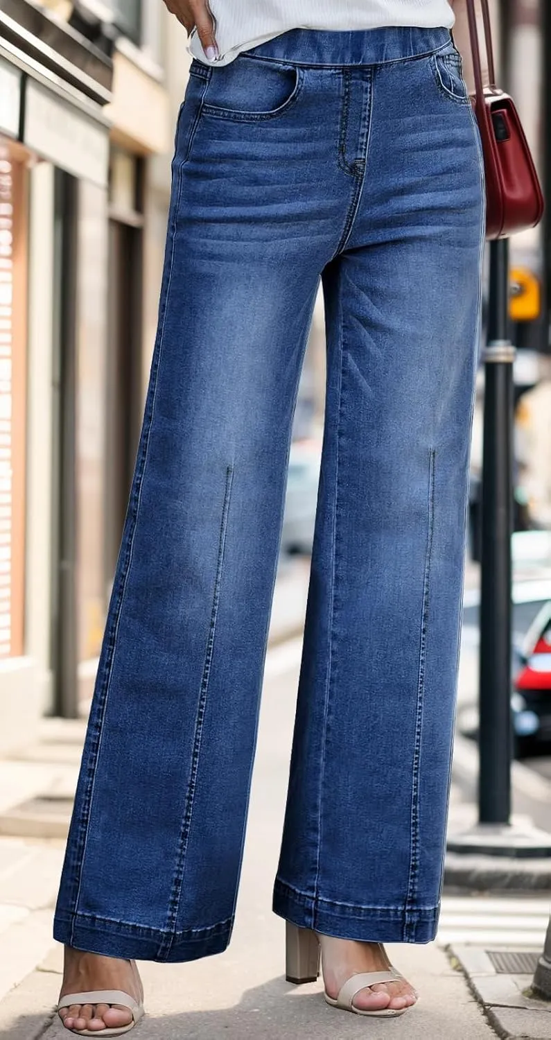 BestGirl Women's Baggy Jeans Pull On Stretchy Loose High Waisted Wide Leg Denim Pants Y2K 90s