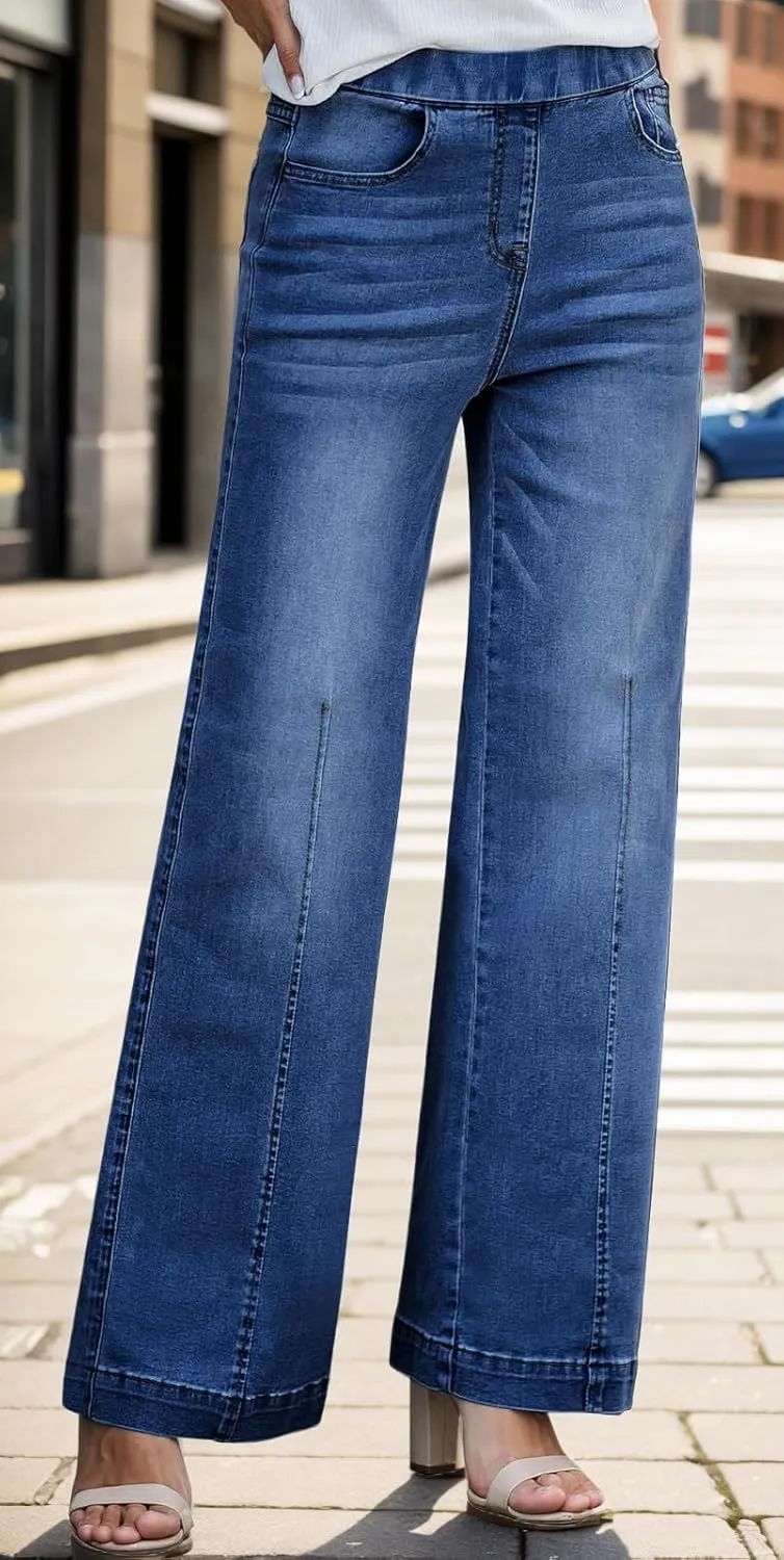 BestGirl Women's Baggy Jeans Pull On Stretchy Loose High Waisted Wide Leg Denim Pants Y2K 90s