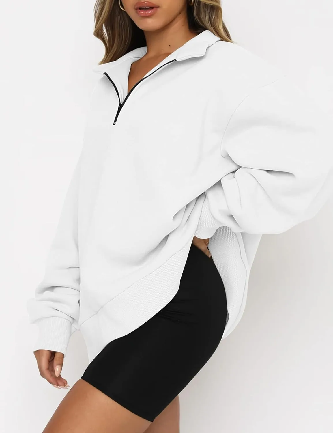 Blansdi Womens Sweatshirts Oversized Half Zip Long Sleeve Solid Color Drop Shoulder Pullover Jacket Trendy Hoodie Outfits
