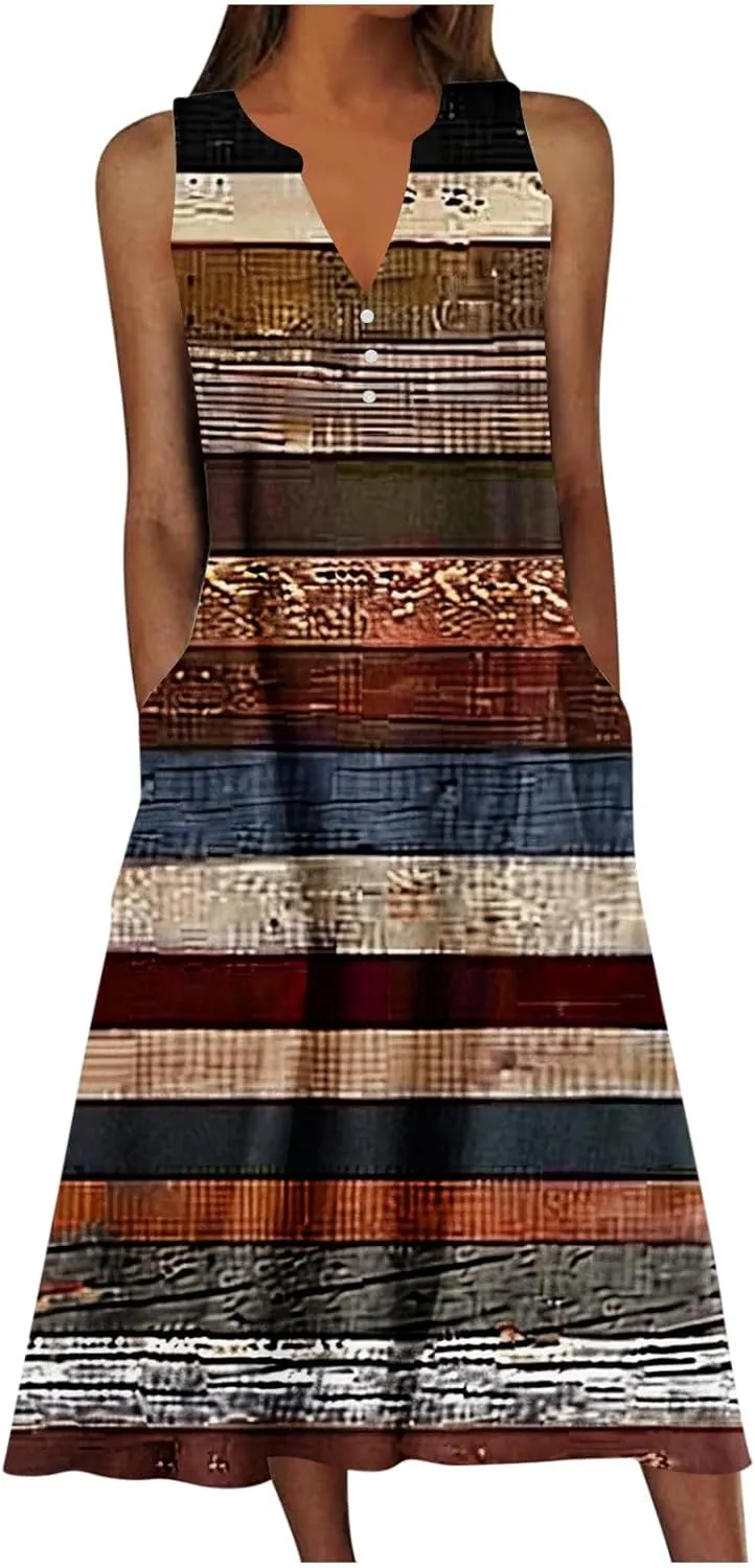 Boho Dresses for Women 2025 Bohemian Floral Print Sleeveless Crewneck Flowy Sun Dress Summer Beach Dress with Pockets