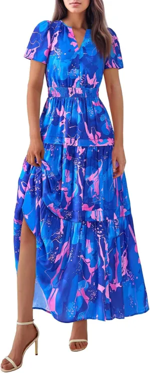 Boho Dresses for Women,2025 Summer Trendy Floral Beach Vacation Dress,Elegant V Neck Cap Sleeve Flowy Midi Dress