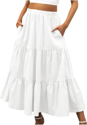Boho Long Flaired Maxi Tier Skirt Elastic Waist Rayon Bohemian Skirts Fashion A-Line Midi Half Dress