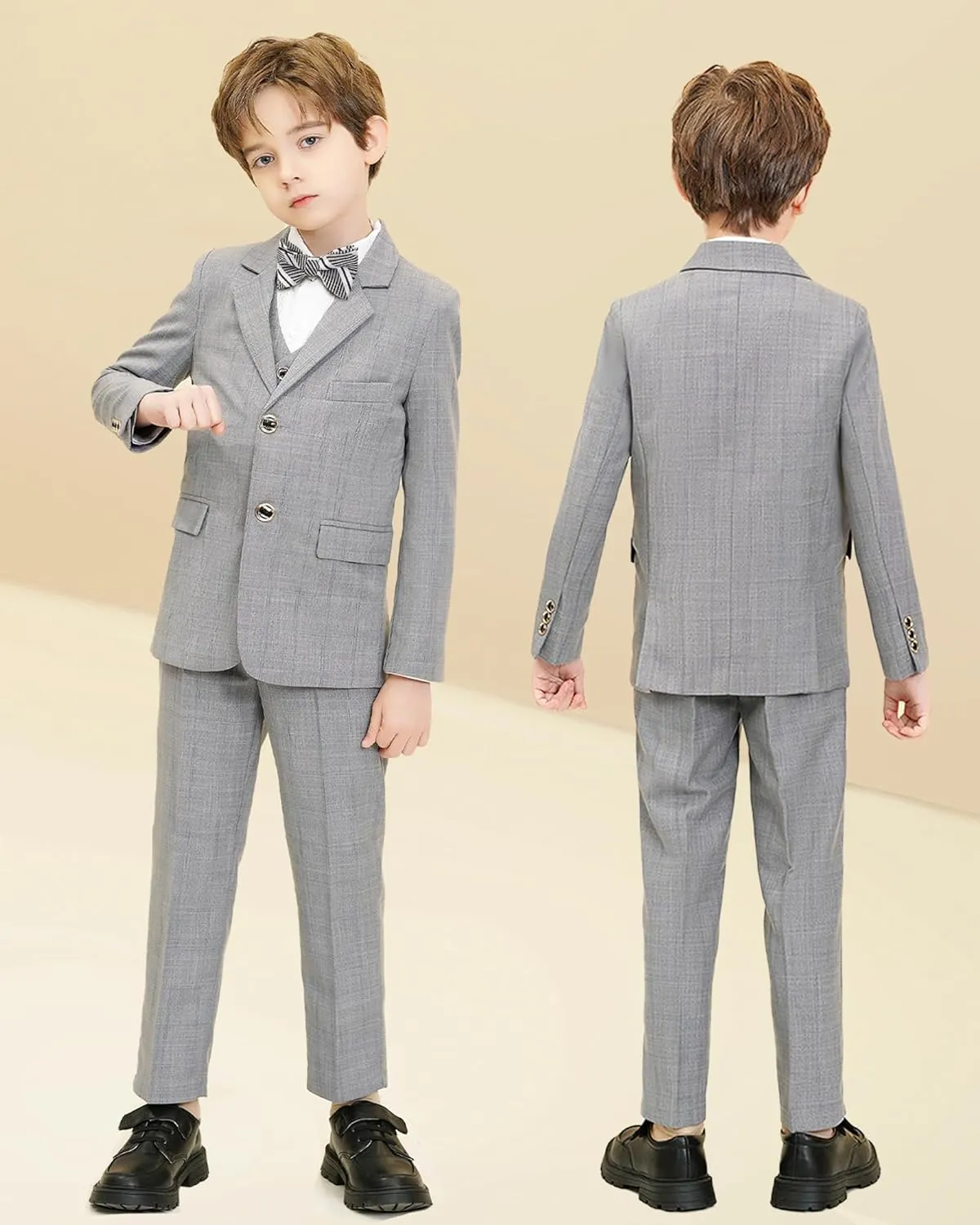 Boys Formal Suit Set Kids Toddler Tuxedo Slim Fit Plaid Suits for Teenage Boys 5-Piece Wedding Party Outfit