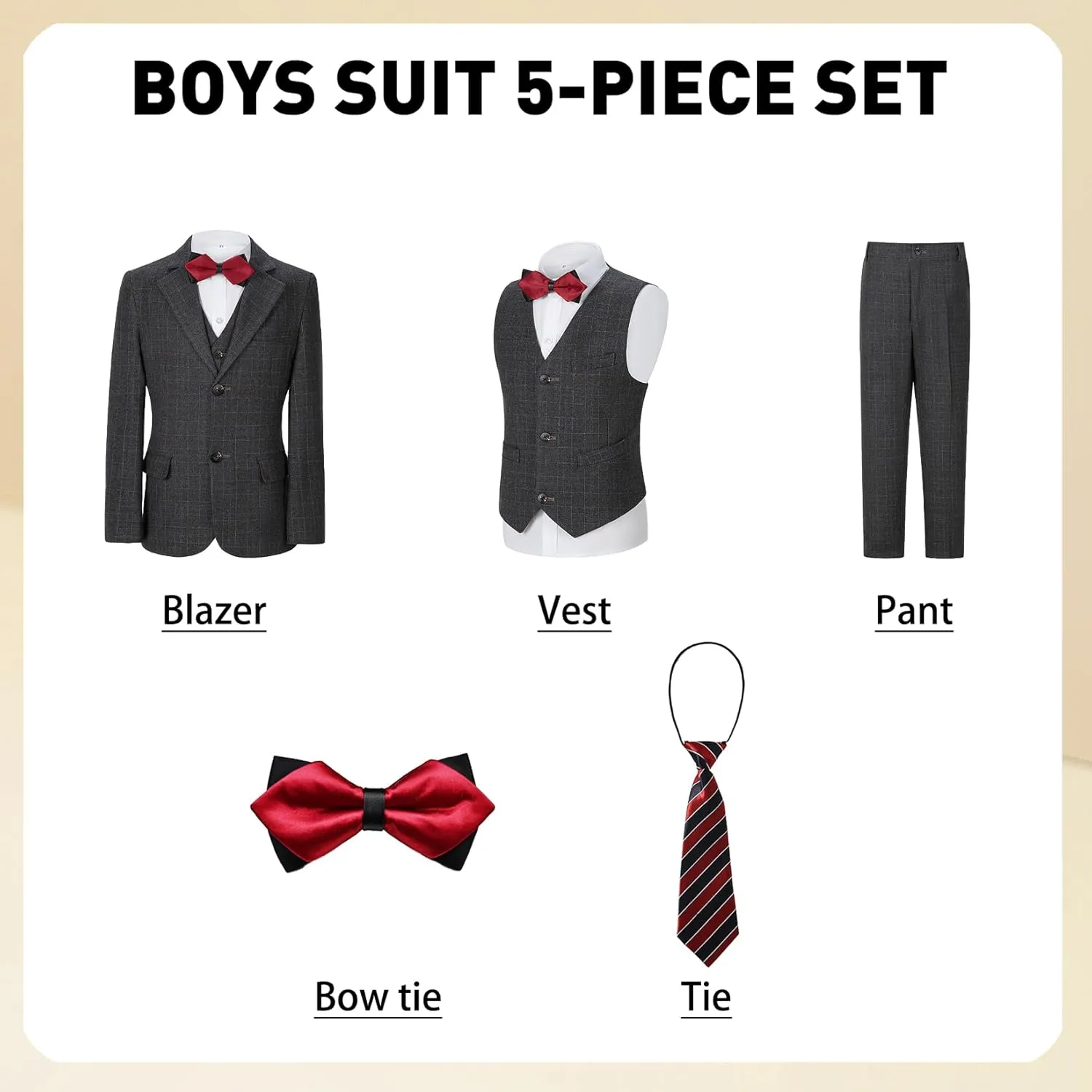 Boys Formal Suit Set Kids Toddler Tuxedo Slim Fit Plaid Suits for Teenage Boys 5-Piece Wedding Party Outfit