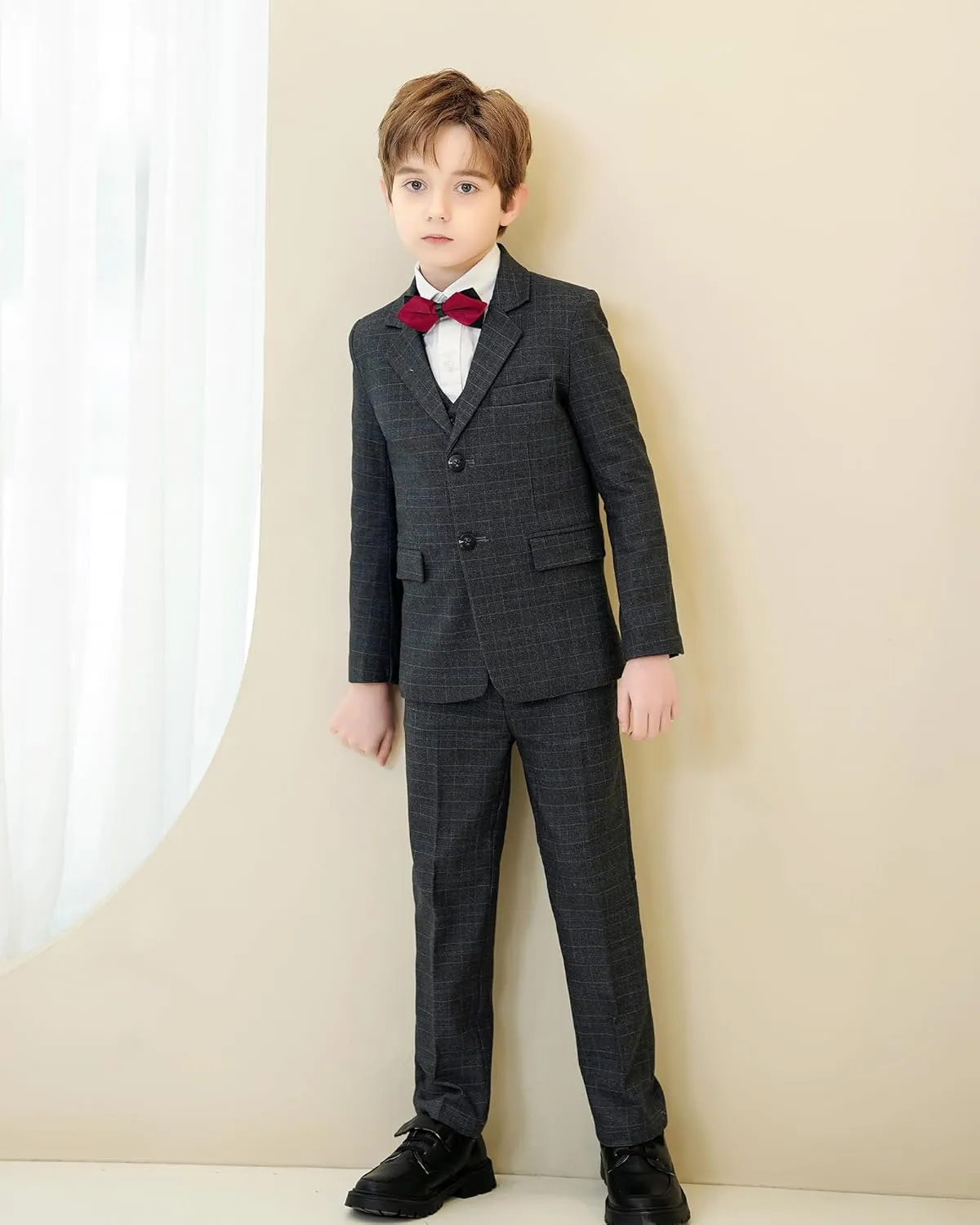 Boys Formal Suit Set Kids Toddler Tuxedo Slim Fit Plaid Suits for Teenage Boys 5-Piece Wedding Party Outfit