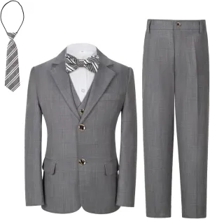 Boys Formal Suit Set Kids Toddler Tuxedo Slim Fit Plaid Suits for Teenage Boys 5-Piece Wedding Party Outfit