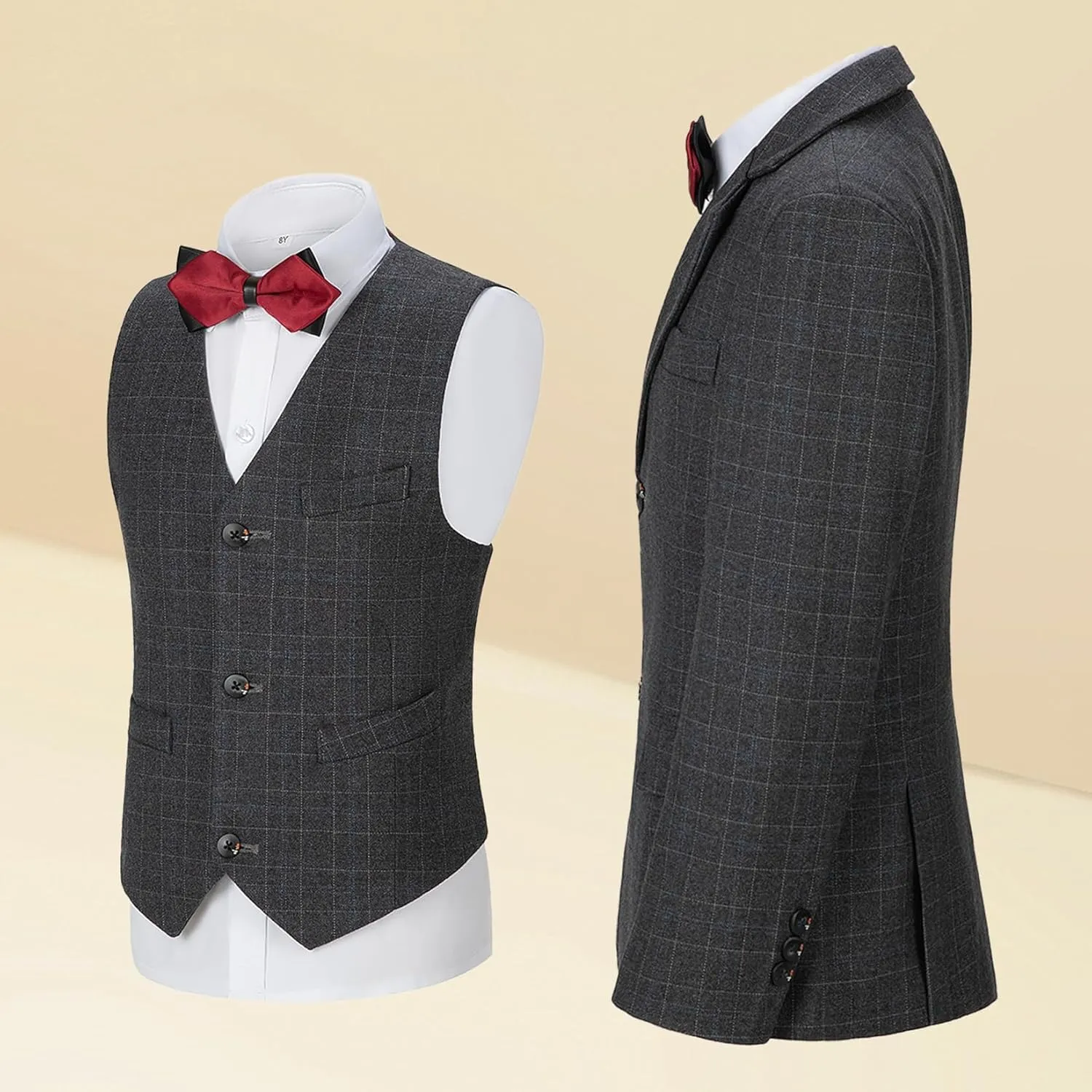 Boys Formal Suit Set Kids Toddler Tuxedo Slim Fit Plaid Suits for Teenage Boys 5-Piece Wedding Party Outfit